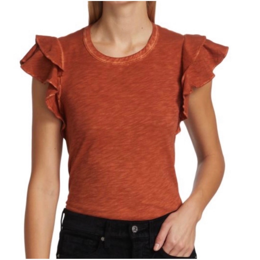 Veronica Beard Akeela Ruffle Sleeve Tee Small Rust Orange Pima Cotton Top Casual
